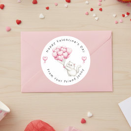 Pegatina Redonda White Kitten Pink Hearts Balloons Valentine's Kids