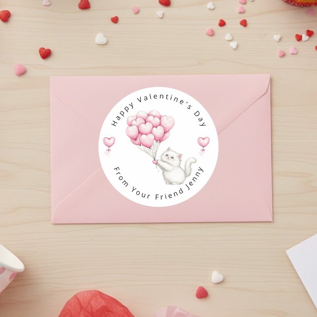 Pegatina Redonda White Kitten Pink Hearts Balloons Valentine's Kids (Subido por el creador)
