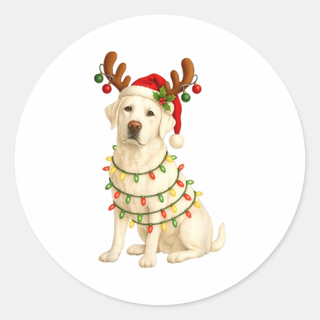 Pegatina Redonda White Lab Christmas Tree Light Pajama Labrador Dog (Anverso)