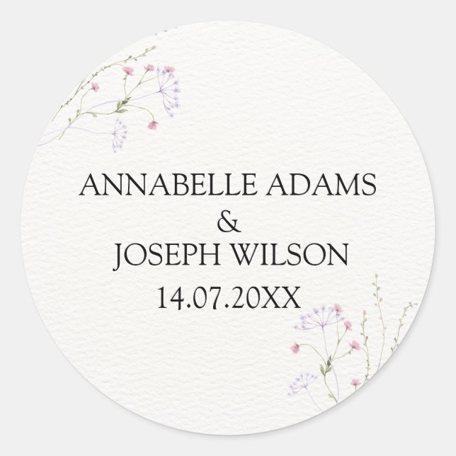 Pegatina Redonda White Minimalist watercolor flowers wedding (Anverso)