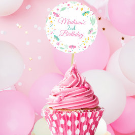 Pegatina Redonda White Pastel Butterfly Girl’s Garden cupcake toppe