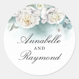 Pegatina Redonda White Peonies Elegante color de agua verde Bouquet