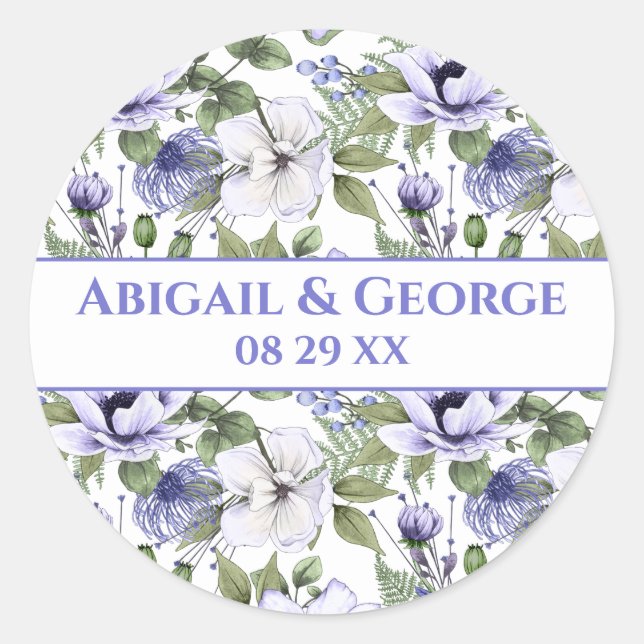 Pegatina Redonda White Periwinkle Florals Purple Wedding Favor (Anverso)