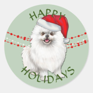 Pegatina Redonda White Pomeranian Dog Santa Hat Felices Felices Fie