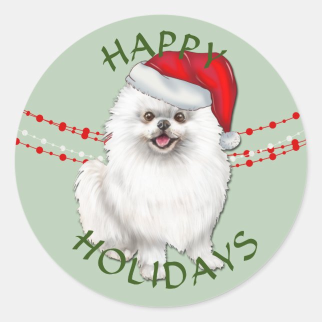 Pegatina Redonda White Pomeranian Dog Santa Hat Felices Felices Fie (Anverso)