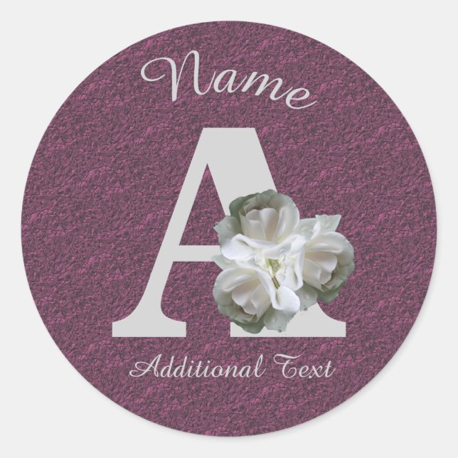 Pegatina Redonda White Rose Bouquet Monogram A Personalized   (Anverso)