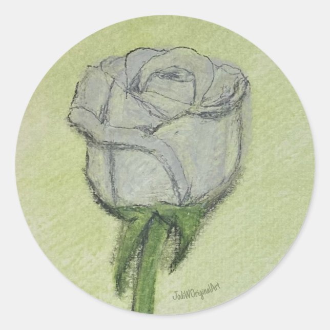 Pegatina Redonda White Rose Sticker hand drawn original artwork. (Anverso)