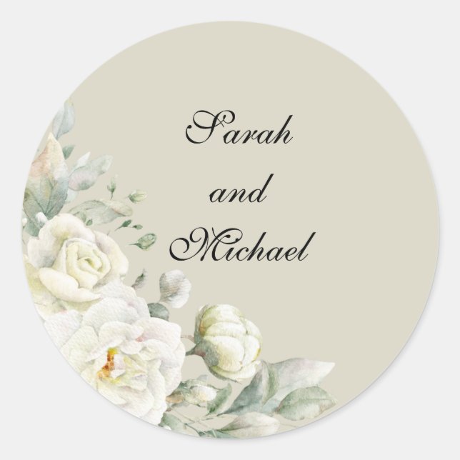 Pegatina Redonda White Roses  Beige Personalized Wedding Stickers (Anverso)