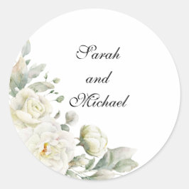 Pegatina Redonda White Roses Personalized Wedding Stickers
