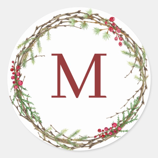 Pegatina Redonda White Rustic Christmas Wreath Monogram (Anverso)
