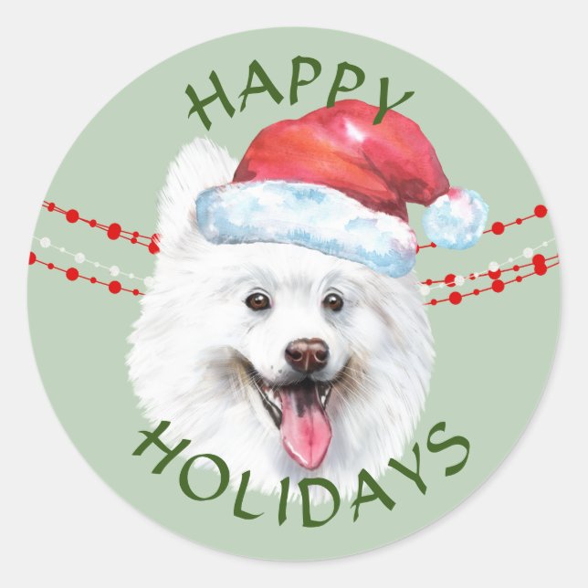 Pegatina Redonda White Samoyen Dog Santa Hat Felices Felices Fiesta (Anverso)
