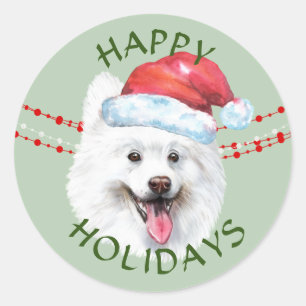 Pegatina Redonda White Samoyen Dog Santa Hat Felices Felices Fiesta
