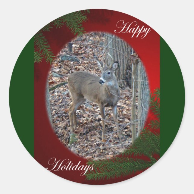 Pegatina Redonda Whitetail Deer Spike Buck Happy Holidays Series (Anverso)