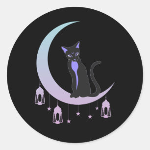 Pegatina Redonda Wicca Crescent Moon Mystical Cat Pastel Gótico