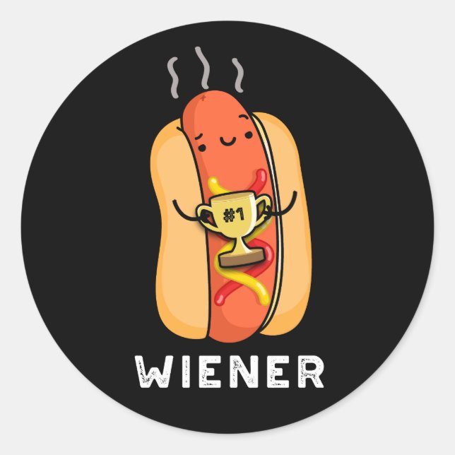 Pegatina Redonda Wiener Funny Sausage Pun Dark BG (Anverso)