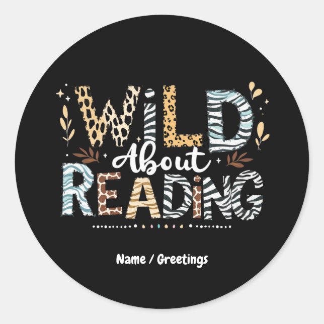 Pegatina Redonda Wild About Reading Book Lover & Animal Design (Anverso)