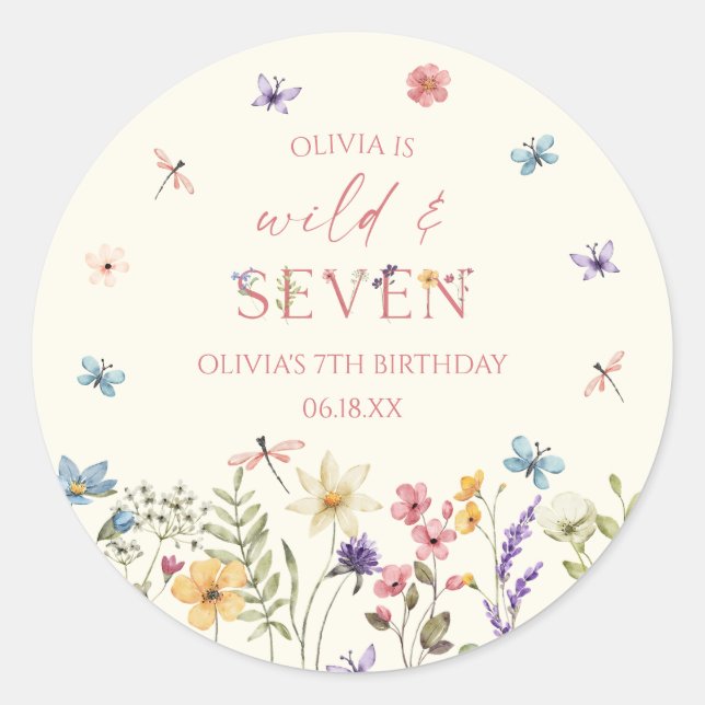 Pegatina Redonda Wild and Seven Wildflower 7th Birthday Party (Anverso)