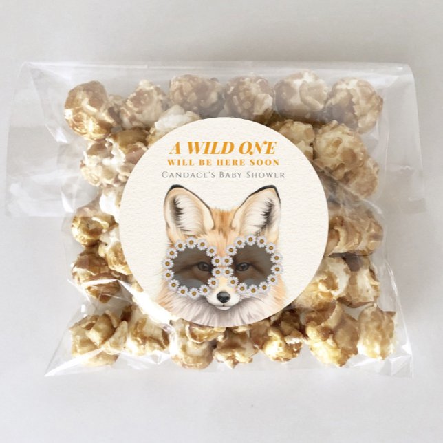 Pegatina Redonda Wild One Daisy Fox Baby Shower (Subido por el creador)