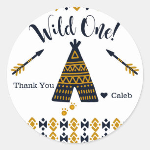 Pegatina Redonda Wild One First Birthday Blue Gold Tepee Party Favo