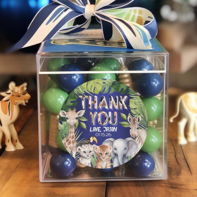 Pegatina Redonda Wild One Navy Blue Boy 1er cumpleaños Favor gracia (Navy Blue safari animals themed birthday favor thank you stickers)