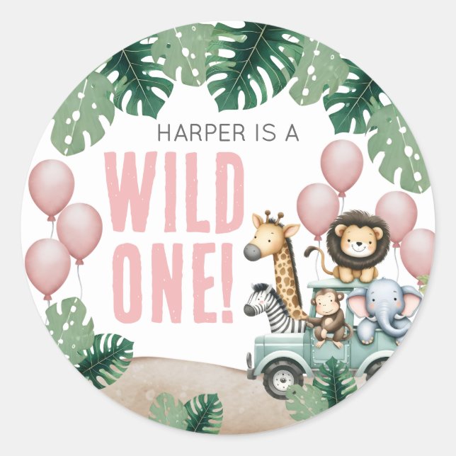 Pegatina Redonda Wild One Pink Safari 1st Birthday (Anverso)