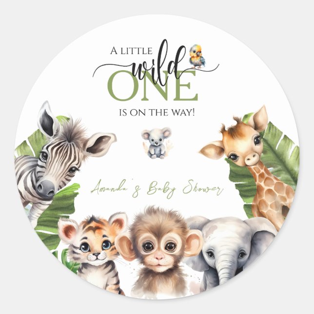 Pegatina Redonda Wild One Safari Animal Jungle Baby Shower (Anverso)
