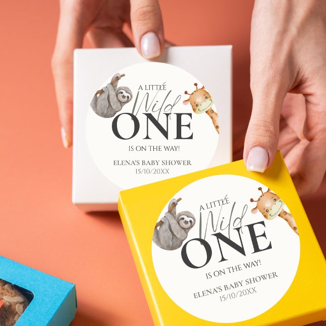 Pegatina Redonda Wild One Safari Animals Baby Shower (Little Wild One - Baby Shower Stickers)