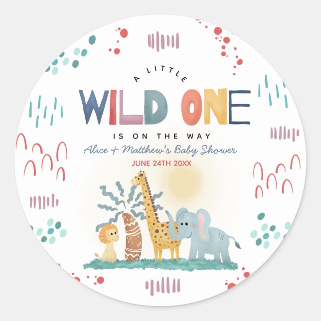 Pegatina Redonda Wild One Safari Animals Baby Shower (Anverso)
