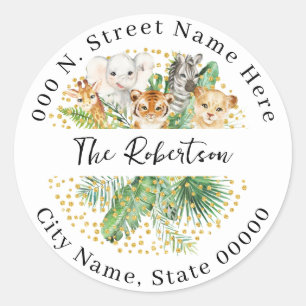 Pegatina Redonda Wild One Safari Animals Return Address