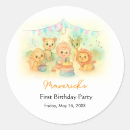Pegatina Redonda Wild One Safari Boy 1st Birthday Jungle Party
