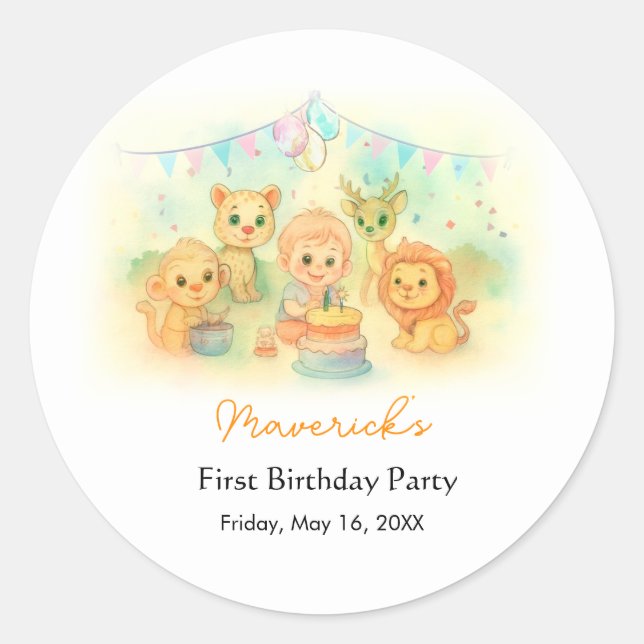 Pegatina Redonda Wild One Safari Boy 1st Birthday Jungle Party (Anverso)