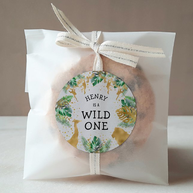 Pegatina Redonda Wild One Safari Fiesta de cumpleaños Green Gold Ec (Subido por el creador)