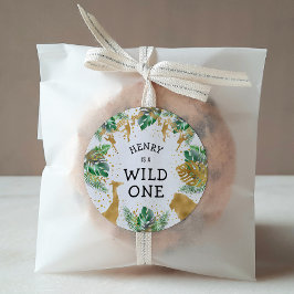 Pegatina Redonda Wild One Safari Primer Fiesta de cumpleaños Oro Ve