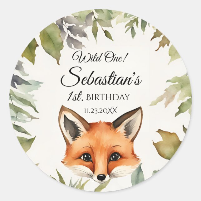 Pegatina Redonda Wild One Woodland Fox Birthday Party (Anverso)
