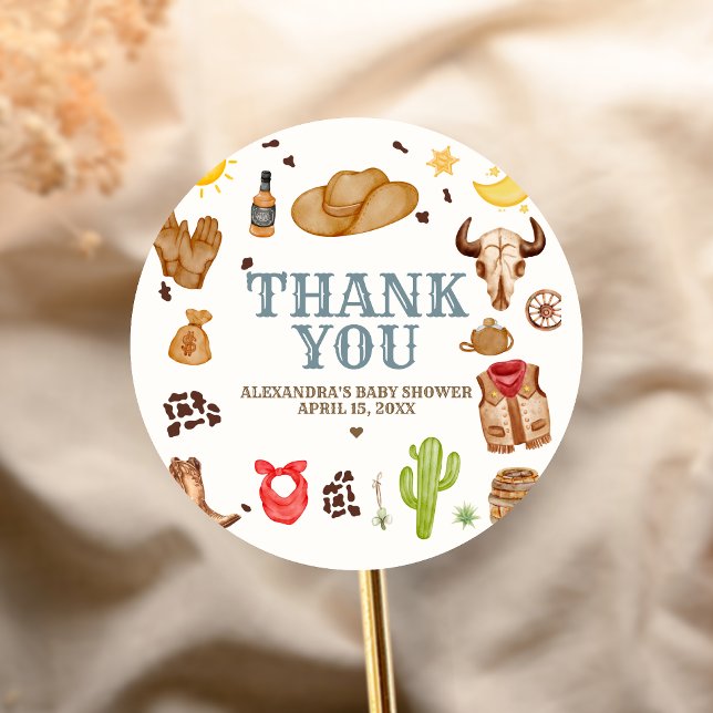 Pegatina Redonda Wild West Cowboy Rodeo Baby Shower (Cowboy Western Rodeo Ranch Baby Shower Sticker)