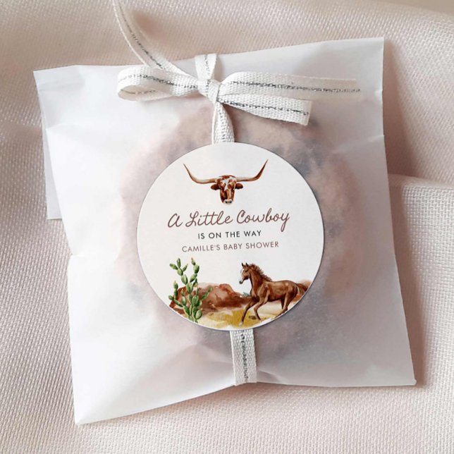 Pegatina Redonda Wild West Little Cowboy Baby Shower (A little Cowboy Baby Shower Favor Sticker)