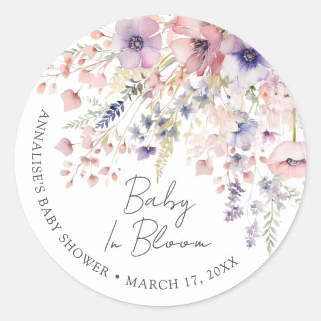 Pegatina Redonda Wildflower Baby In Bloom Floral Baby Shower (Anverso)