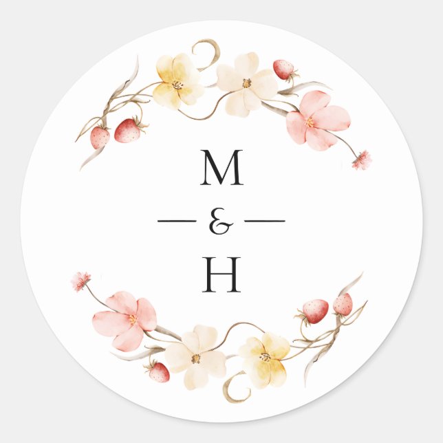 Pegatina Redonda Wildflower Blush Floral Monogram Wedding Favor (Anverso)
