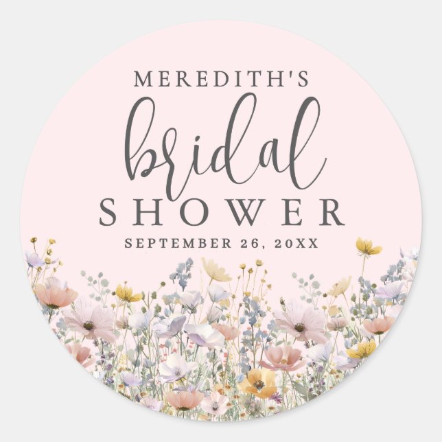 Pegatina Redonda Wildflower Blush Pink Bridal Shower (Anverso)