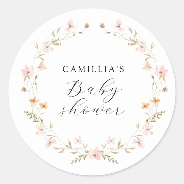 Pegatina Redonda Wildflower Boho Floral Baby Shower (Anverso)