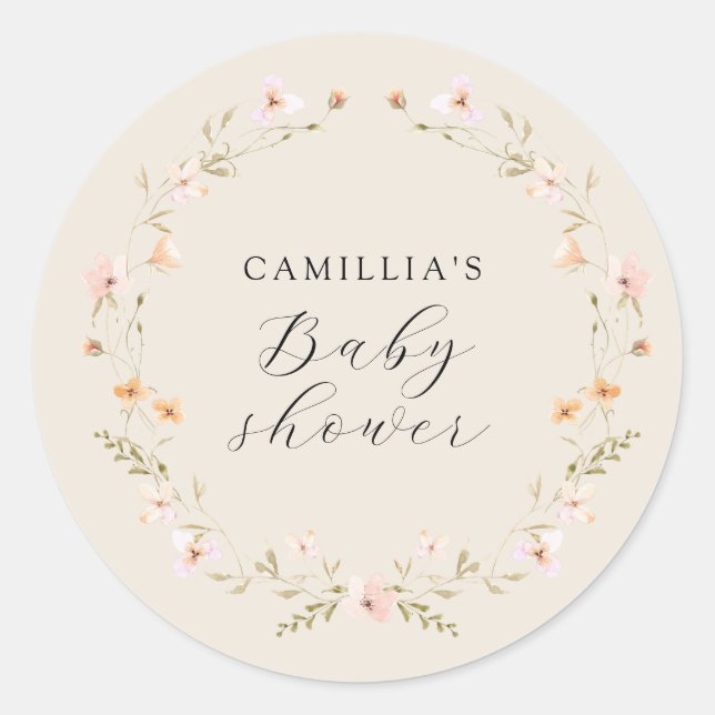 Pegatina Redonda Wildflower Boho Floral Baby Shower (Anverso)