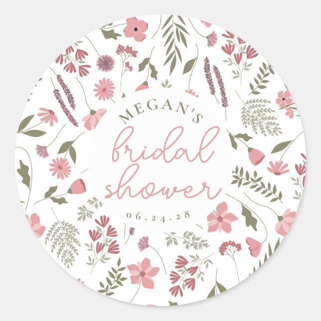Pegatina Redonda Wildflower Bridal Shower Sticker - Pink (Anverso)