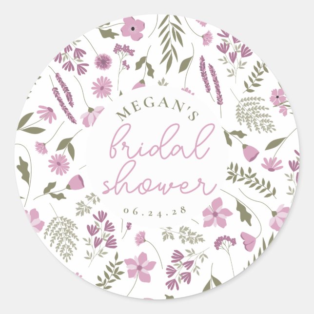 Pegatina Redonda Wildflower Bridal Shower Sticker - Purple (Anverso)