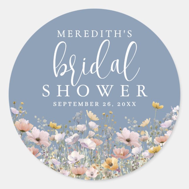 Pegatina Redonda Wildflower Dusty Blue Bridal Shower (Anverso)