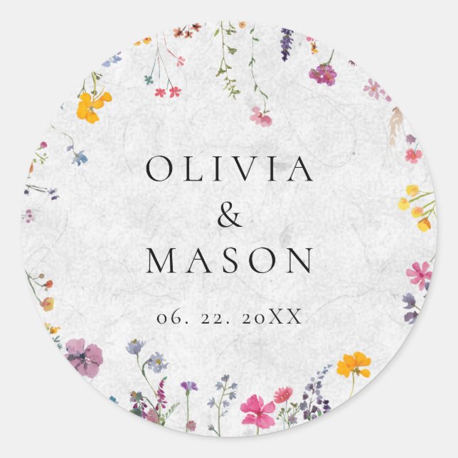 Pegatina Redonda Wildflower Garden Modern Floral Ivory Chic Wedding (Anverso)