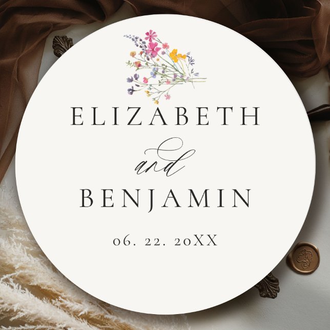Pegatina Redonda Wildflower Grace Modern Floral Romantic Wedding (wildflower wedding theme sticker romantic colorful watercolor pastel floral timeless classic)
