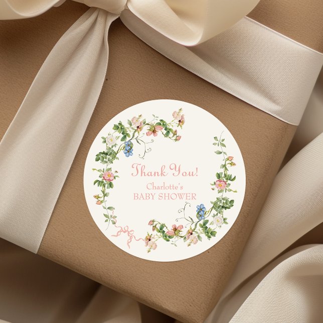 Pegatina Redonda Wildflower Pink Bow Baby Shower (Subido por el creador)