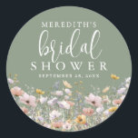 Pegatina Redonda Wildflower Sage Green Bridal Shower<br><div class="desc">Name’s Bridal Shower Round Sticker. Perfect for spring through autumn celebrations, this design features a sage green background for a soft, earthy, and timeless look, ideal for envelope seals or thank-you favor gifts. Along the bottom edge, a row of colorful pastel watercolor wildflowers replaces the outline border, featuring blush pinks,...</div>