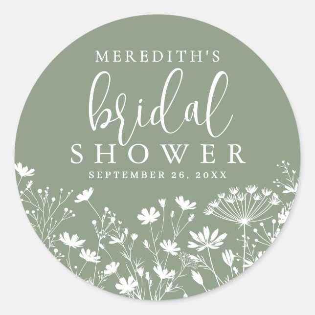 Pegatina Redonda Wildflower Sage Green Bridal Shower (Anverso)