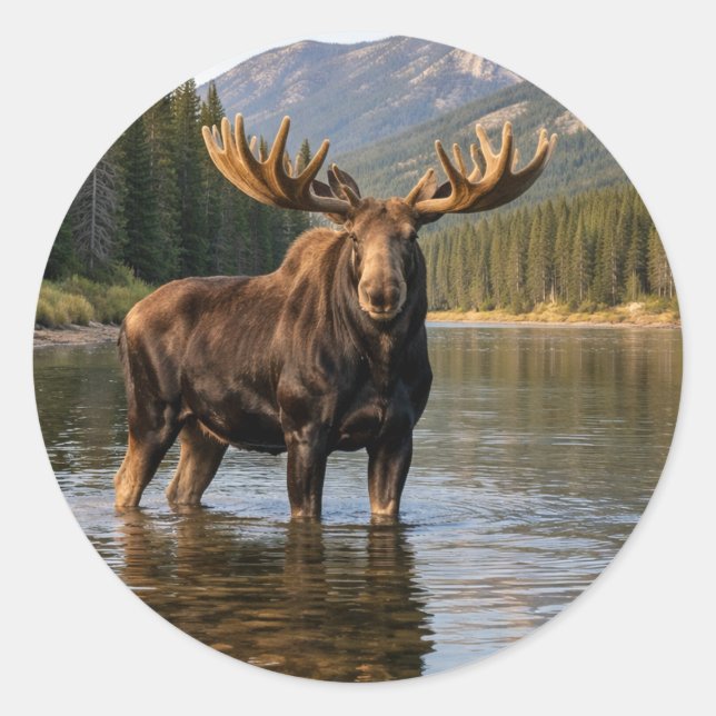 Pegatina Redonda Wildlife Moose Mountain River  (Anverso)